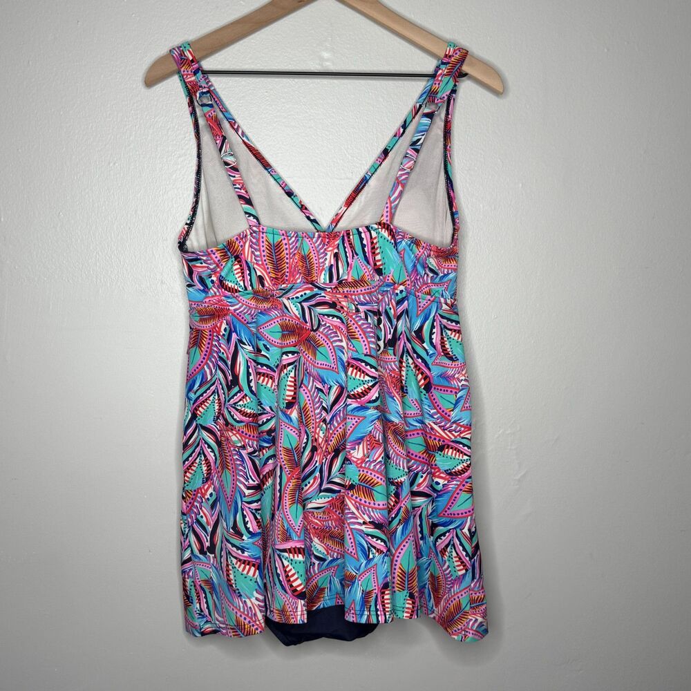 Swim Solutions Womens One Piece Bathing Suit 12 Pink Blue Tropical Tiered Resort - Picture 2 of 12